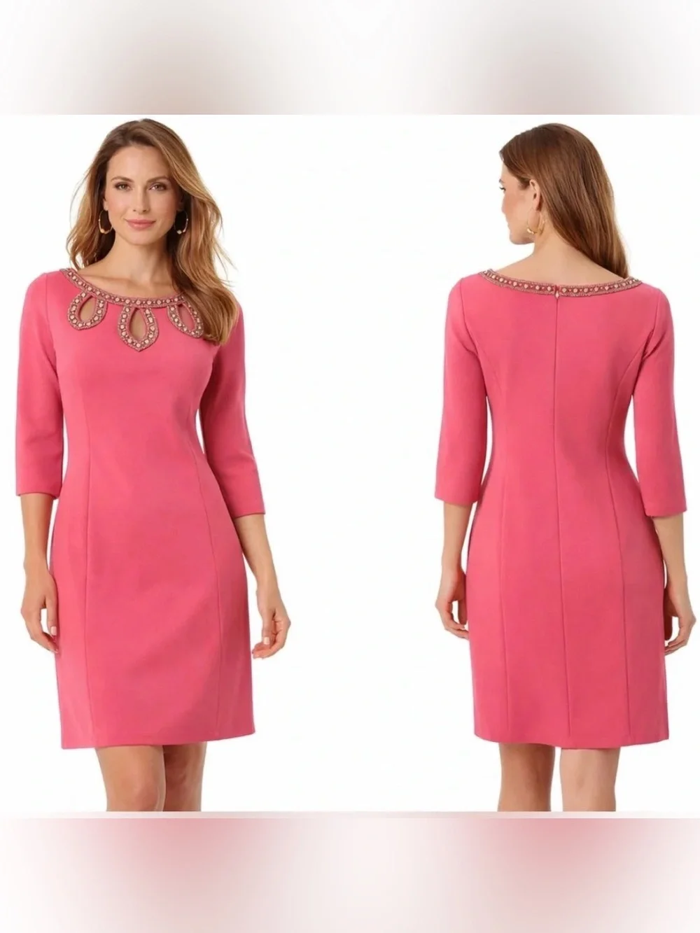 Lilly Pulitzer Bronte Shift Dress Scuba Beaded Jeweled Neckline Pink Azalea 10 - Picture 4 of 15
